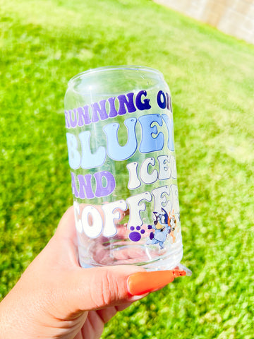 Blue dog and iced coffee glass can